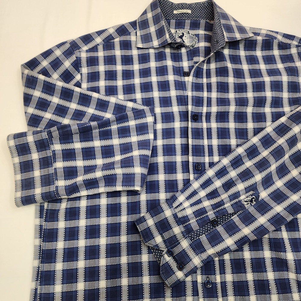 Bugatchi Medium Shaped Fit Blue with White Long Sleeve Unique Square Buttons Men